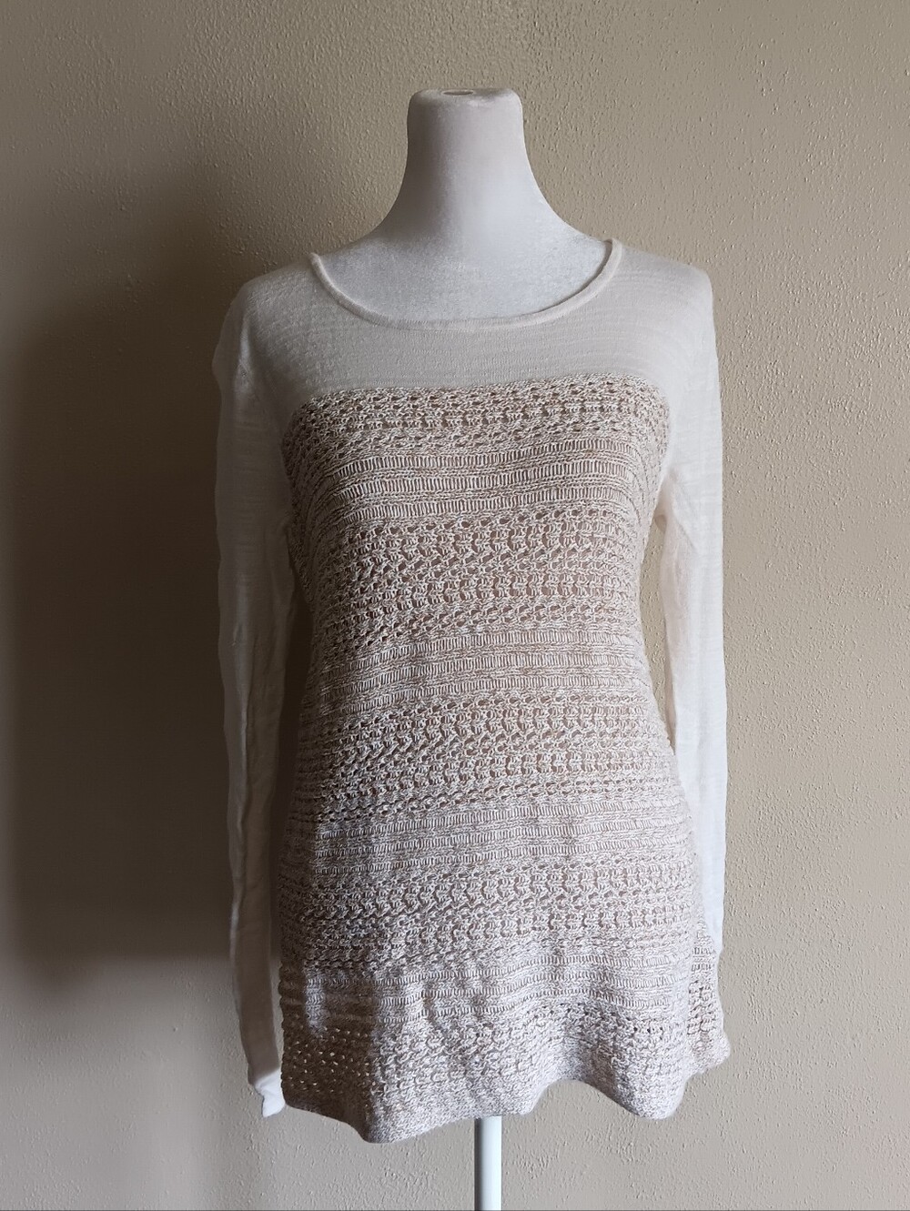 Lucky Brand Loose Knit Cream Crochet Front Long Sleeve Top Womens Medium